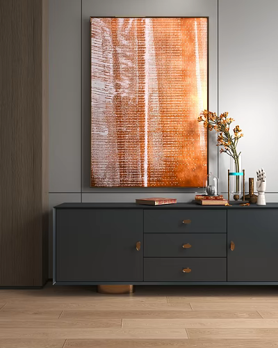 Stylish Dark Cabinet With Orange Abstract Painting Vase And Decorative Books 3d model
