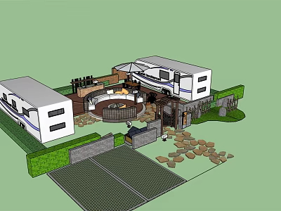 Modern Residential Courtyard Design With Circular Patio Green Shrubs And Stone Pathway 3d model