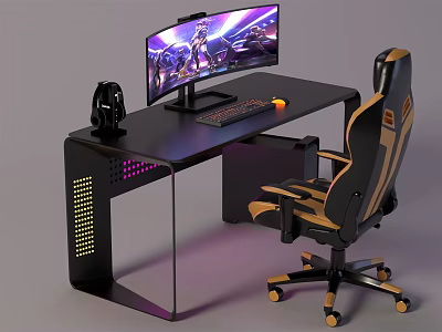 Gaming Desk and Chair Setup with Curved Monitor Headset RGB Lighting and Accessories 3d model