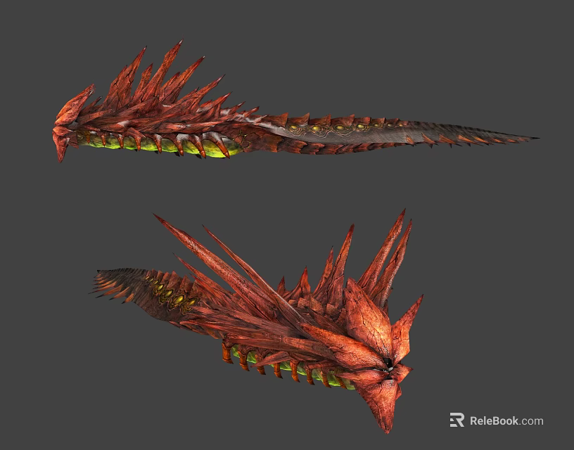 Two Red Mythical Creatures With Spiked Bodies And Green Glowing Features 3d model 