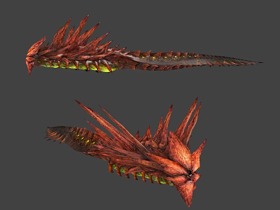 Two Red Mythical Creatures With Spiked Bodies And Green Glowing Features 3d model