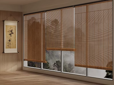 Natural Bamboo Blinds Covering Large Window With Wooden Wall Floor And Misty Trees Outside 3d model