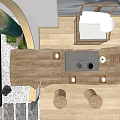 Natural Wooden Tea Table And Chairs With Tea Set And Stone Decorations In Bright Room