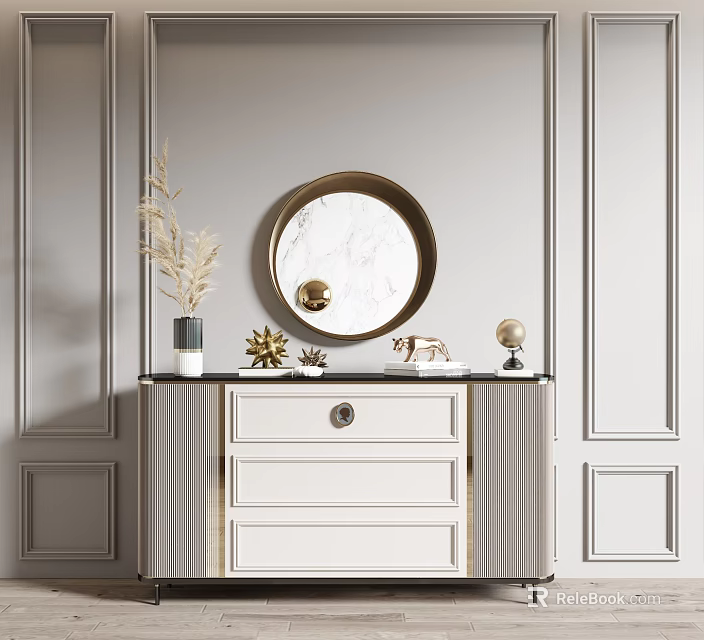 Modern Entryway Console Table with Round Mirror Marble Top and Decorative Items on Gray Wall 3d model 
