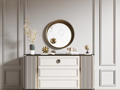 Modern Entryway Console Table with Round Mirror Marble Top and Decorative Items on Gray Wall 3d model