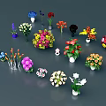 Colorful Potted Plants And Various Flowers In Different Pots On Gray Background