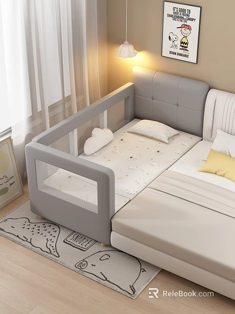 Warm Cozy Toddler Bed with Gray Guardrail Cartoon Pattern Mattress White Pillow and Soft Carpet 3d model 