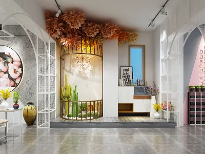 Modern Boutique Store Interior With Arched Doorways Decorative Flowers Cactus Plants And Circular Painting 3d model