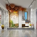 Modern Boutique Store Interior With Arched Doorways Decorative Flowers Cactus Plants And Circular Painting