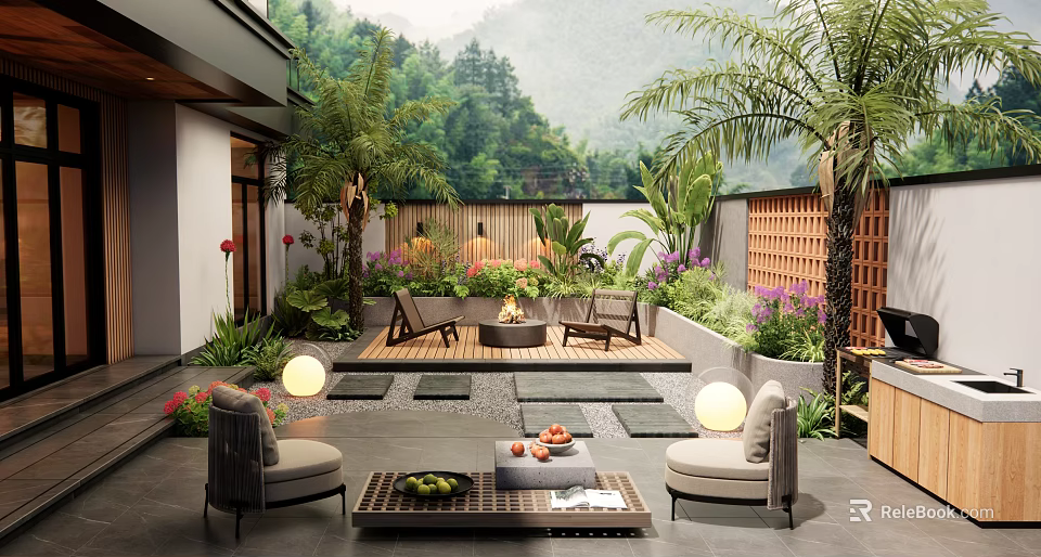 Elegant Courtyard Garden Design With Patio Seating Fire Pit And Lush Tropical Plants 3d model 