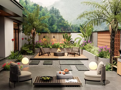 Elegant Courtyard Garden Design With Patio Seating Fire Pit And Lush Tropical Plants 3d model