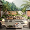 Elegant Courtyard Garden Design With Patio Seating Fire Pit And Lush Tropical Plants