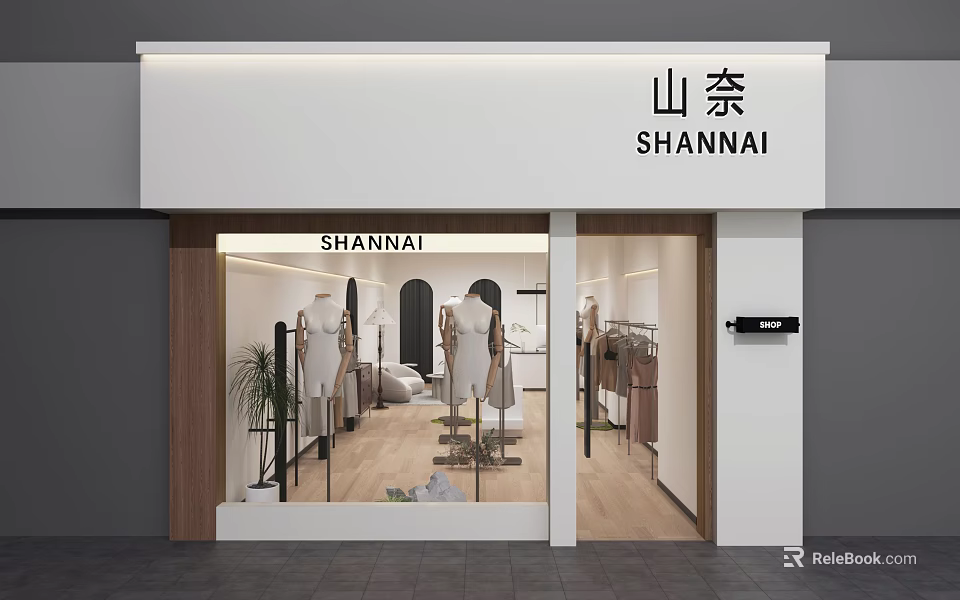 SHANNAI Clothing Store Front With Modern Window Display Mannequins And Clothing Displays 3d model 