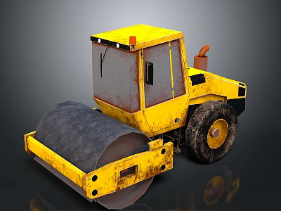 Yellow Road Roller With Large Drum Cab And Worn Tires On Reflective Surface 3d model