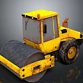 Yellow Road Roller With Large Drum Cab And Worn Tires On Reflective Surface