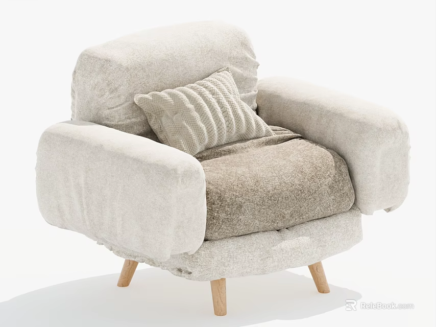 Light Beige Single Sofa With Cozy Pillow Soft Fabric And Wooden Legs Design 3d model 