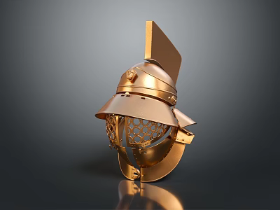 Golden Ancient Warrior Helmet Sculpture With Intricate Metal Carving Details 3d model