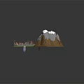 Cartoon Scenery Featuring Castle Village Red Roofs Green Grass And Snowy Mountains