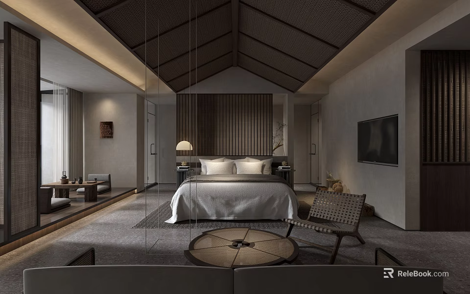 Modern Luxury Hotel Room Interior With King Bed Pendant Light And Armchair 3d model 
