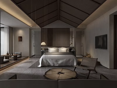 Modern Luxury Hotel Room Interior With King Bed Pendant Light And Armchair 3d model