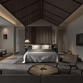 Modern Luxury Hotel Room Interior With King Bed Pendant Light And Armchair