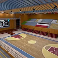 Spacious Basketball Gymnasium Interior With Wooden Floor Green Red Bleachers Scoreboard And Ceiling Lighting