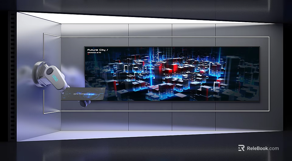 Modern Exhibition Hall With Project City 2.0 Digital Display And Robot Holding Tablet 3d model 