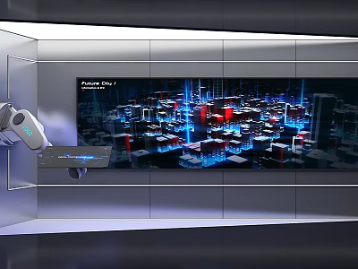 Modern Exhibition Hall With Project City 2.0 Digital Display And Robot Holding Tablet 3d model