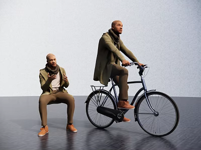 Two Men One Sitting on Floor and Another Riding Bicycle 3d model
