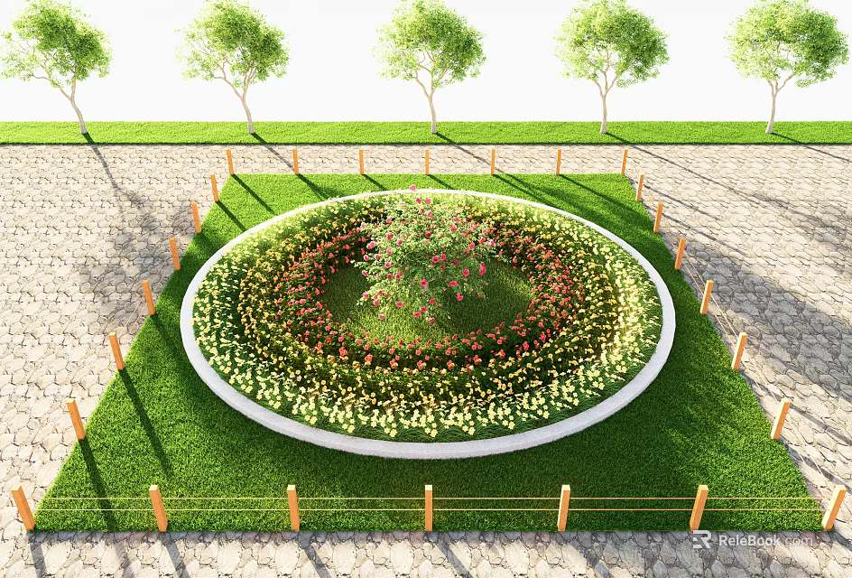 Circular Tree Pit With Central Tree Colorful Flowers And Wooden Fence On Grass 3d model 