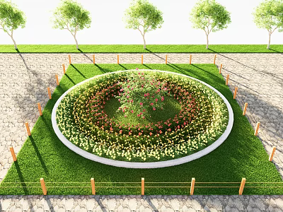 Circular Tree Pit With Central Tree Colorful Flowers And Wooden Fence On Grass 3d model