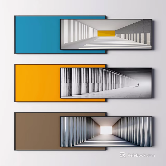 Colorful Decorative Paintings With Columned Corridors And Light Effects Hanging On Wall 3d model 