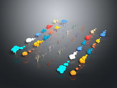 Colorful 3D Plant Models With Blue Yellow Red White Orange Trees Arranged On Black Background 3d model