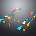 Colorful 3D Plant Models With Blue Yellow Red White Orange Trees Arranged On Black Background