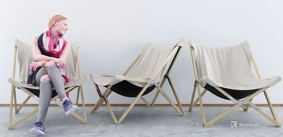 Comfortable Modern Folding Leisure Chairs With Light Wooden Frame And Beige Fabric 3d model 