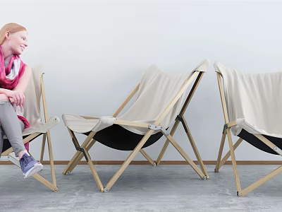 Comfortable Modern Folding Leisure Chairs With Light Wooden Frame And Beige Fabric 3d model