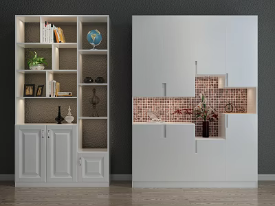Modern Bookcase With Open Shelves Closed Cabinets Books Globe Plants And Mosaic Vase Decor 3d model