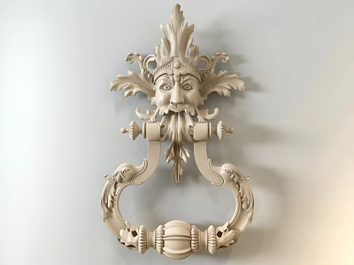 Ornate Classical Carved Door Knocker With Face Leaf Scroll And Decorative Details 3d model