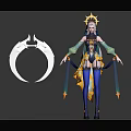 Game Movie Character with Star Shaped Headdress Blue Stockings Green Sleeves and Circular Decorative Prop
