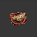 An orange cat lying comfortably in a soft red pet bed against dark background