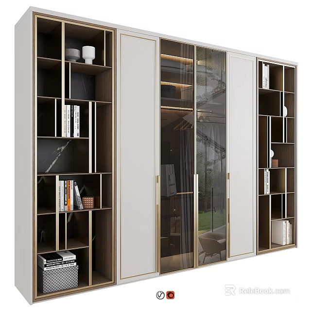 Modern Bookcase Interior With Transparent Glass Doors Golden Metal Frames And Multiple Shelves 3d model 
