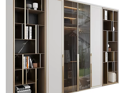 Modern Bookcase Interior With Transparent Glass Doors Golden Metal Frames And Multiple Shelves 3d model
