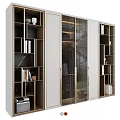 Modern Bookcase Interior With Transparent Glass Doors Golden Metal Frames And Multiple Shelves