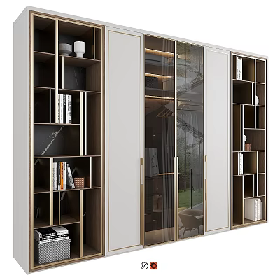Modern Bookcase Interior With Transparent Glass Doors Golden Metal Frames And Multiple Shelves 3d model