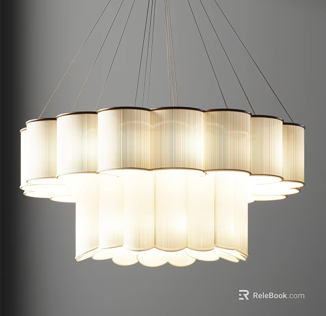 Modern Stylish Chandelier With Circular Arrangement Of Cylindrical Pleated Shades And Soft Lighting 3d model 