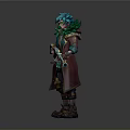 Fantasy Game Character Design With Teal Hair Green Feathered Coat And Long Rifle