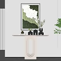 Modern Console Table Interior Design With Wall Art Decorative Items And Green Plant 3d model