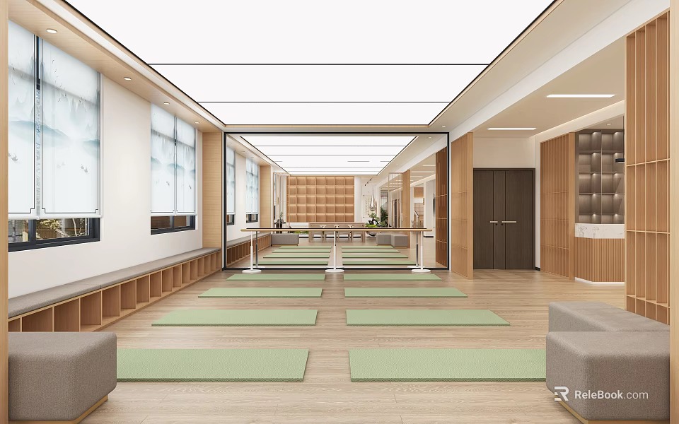 Spacious Bright Modern Leisure Area With Green Yoga Mats Wooden Floors And Long Benches 3d model 