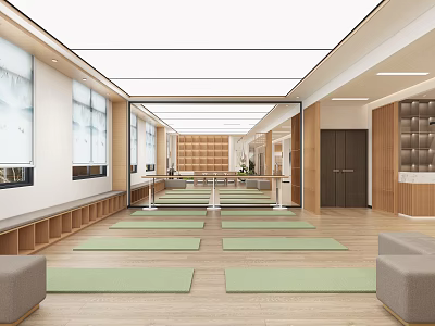 Spacious Bright Modern Leisure Area With Green Yoga Mats Wooden Floors And Long Benches 3d model