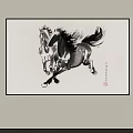 Traditional Animal Painting Featuring Running Horses In Black And White Ink Style